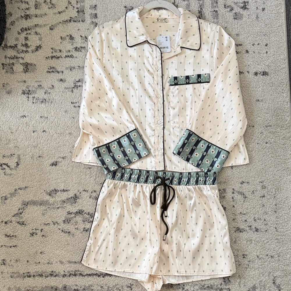 Free People Cream and Green Pajama Set